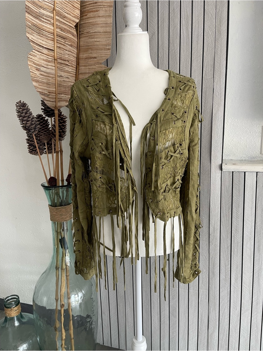 Vocal Olive Green Fringe Lace-Up Leather Jacket - Picture 1 of 8